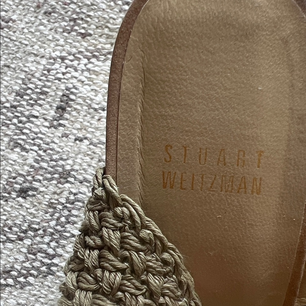 Stuart Weitzman Taupe Woven Ankle-Strap Wedge Sandals - Picture 15 of 16